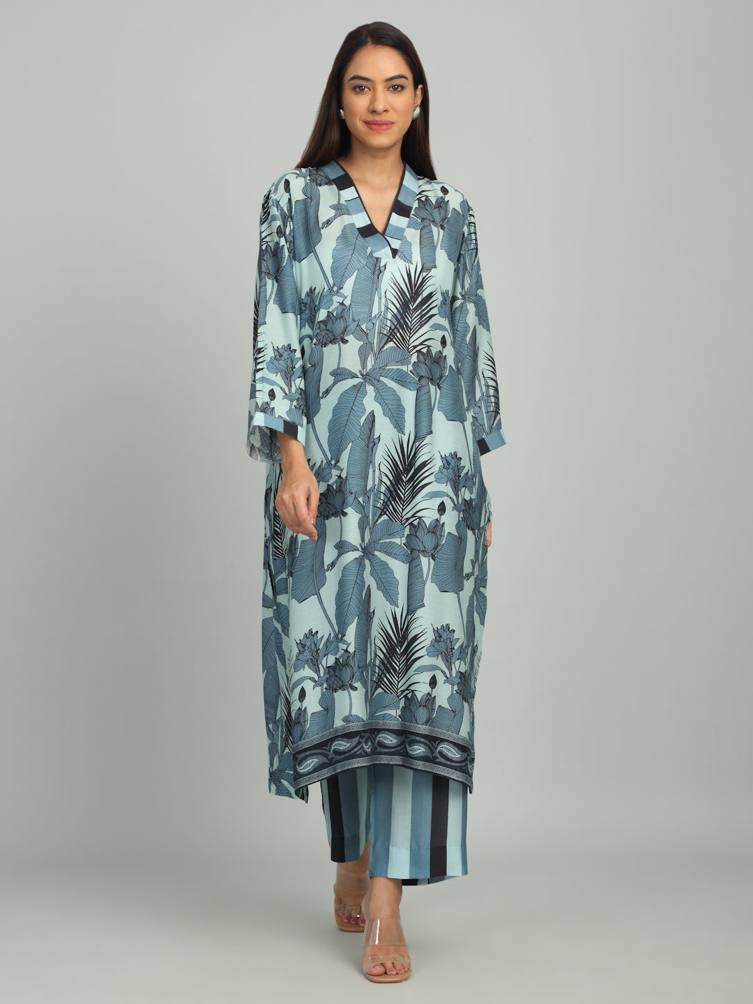 ZEPHYR - Blue-Grey Striped Printed Kurta Set