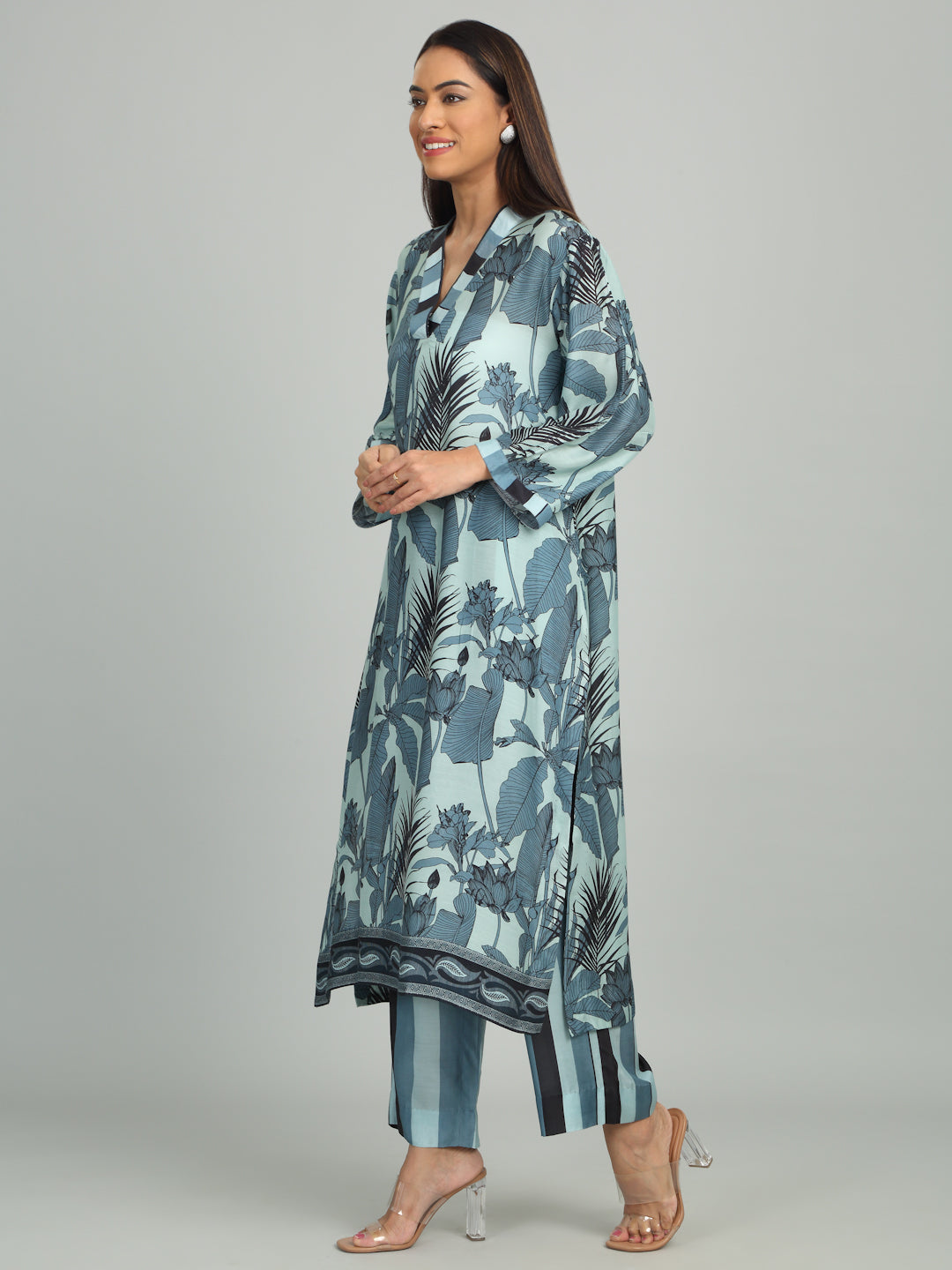 ZEPHYR - Blue-Grey Striped Printed Kurta Set
