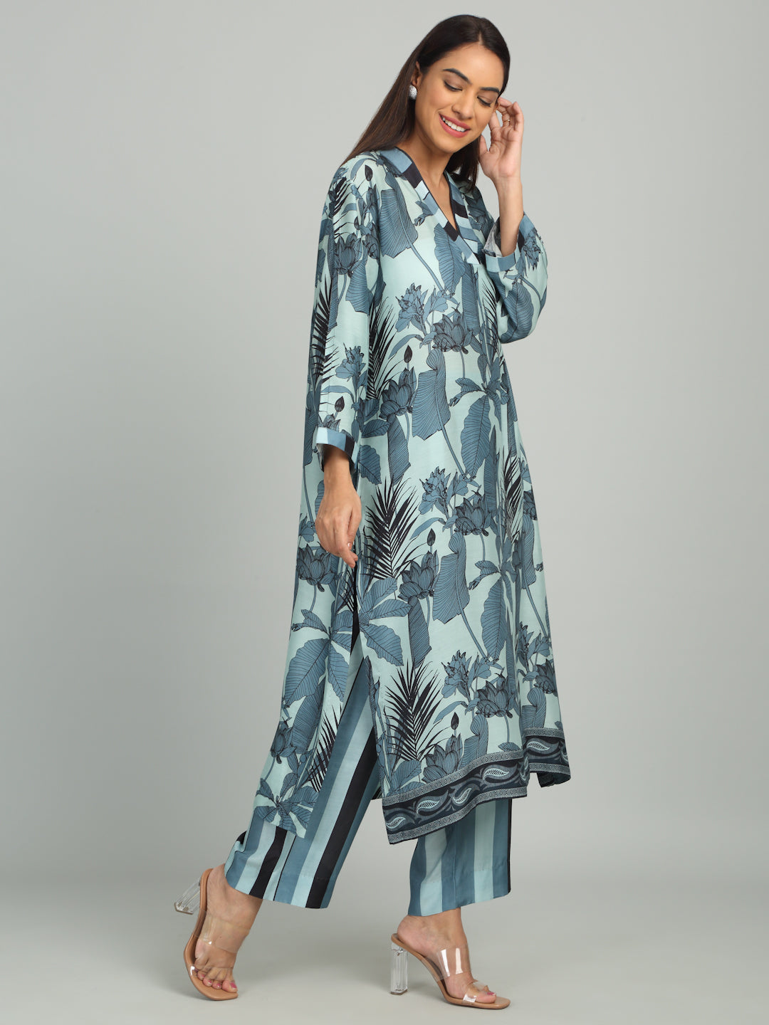 ZEPHYR - Blue-Grey Striped Printed Kurta Set