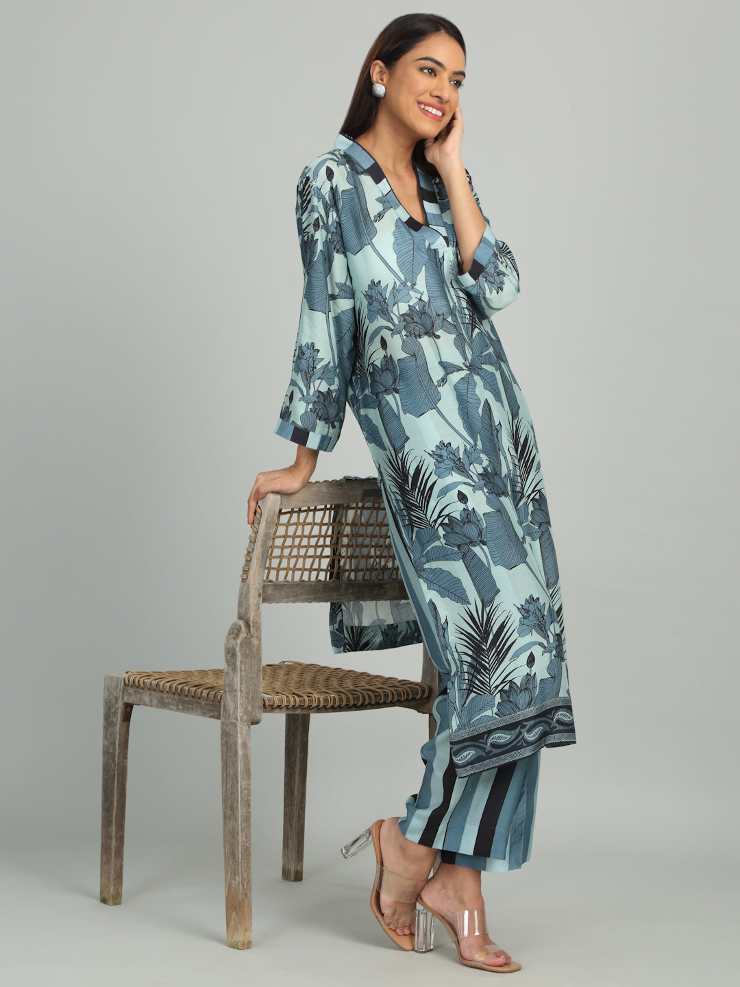 ZEPHYR - Blue-Grey Striped Printed Kurta Set