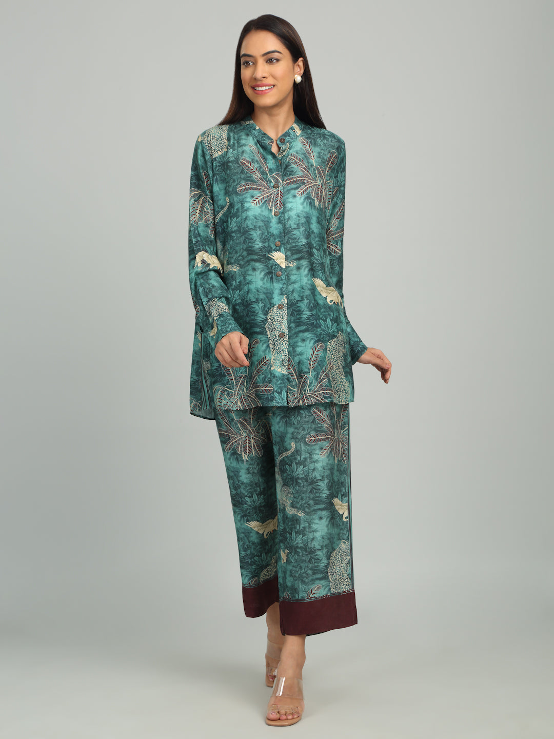 AZURE - Teal Blue & Maroon Print co-ord Set