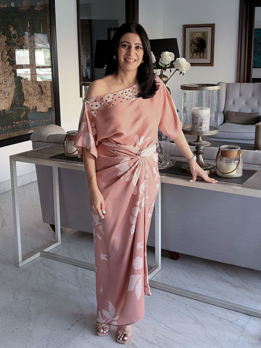 Allure rose pink top with rivets and printed wrap skirt