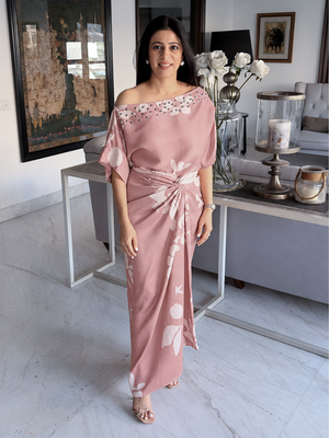 Allure rose pink top with rivets and printed wrap skirt