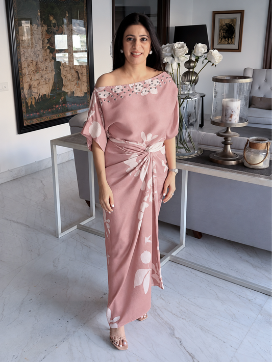 Allure rose pink top with rivets and printed wrap skirt