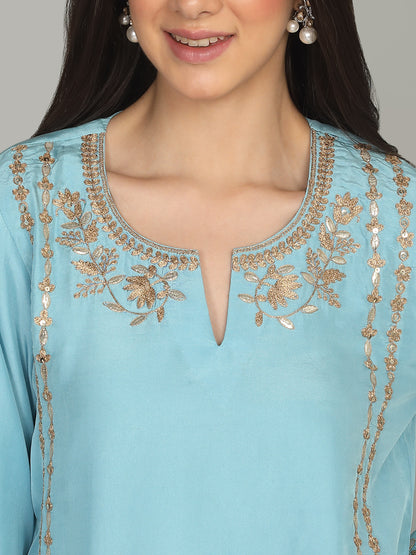 Blue Zari embroidered kurta and pant set
