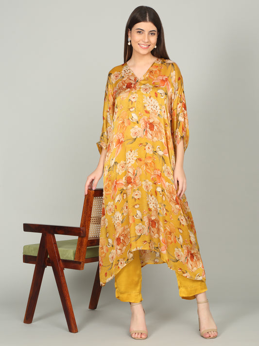 GOLDEN IRIS-  Peony Floral Digital print A-Line Kurta Set