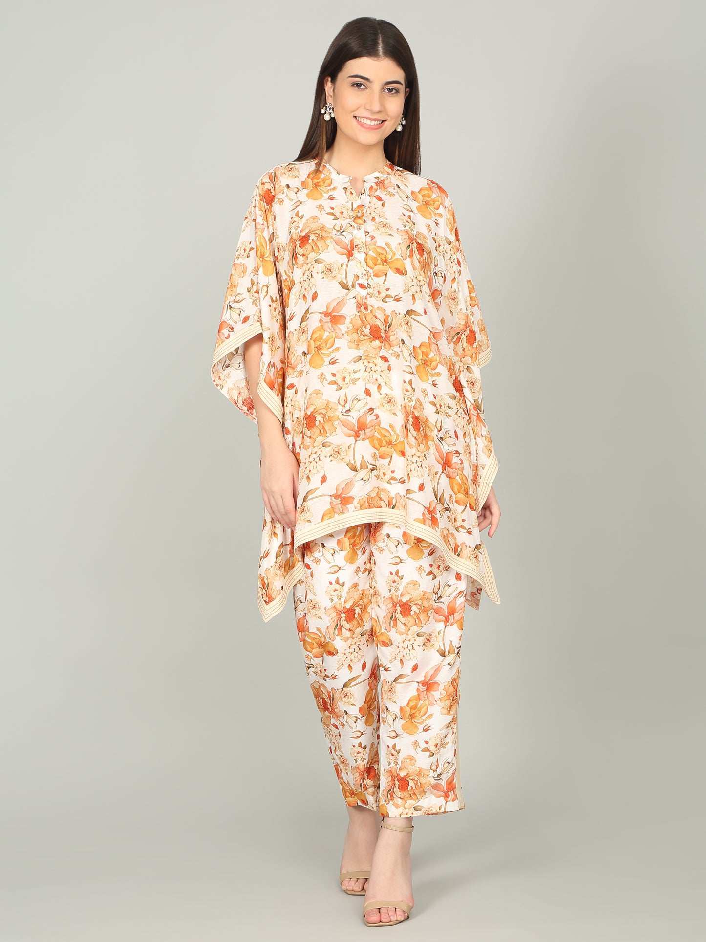 TANGERINE BLOOM -  Peony Floral Digital print Kaftan co -ord set