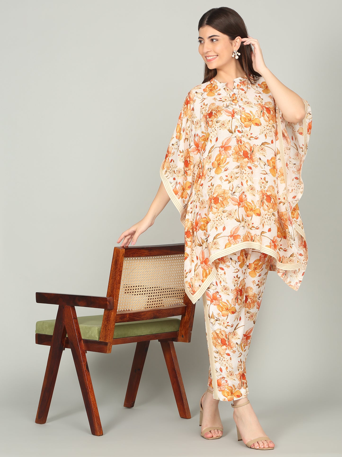 TANGERINE BLOOM -  Peony Floral Digital print Kaftan co -ord set