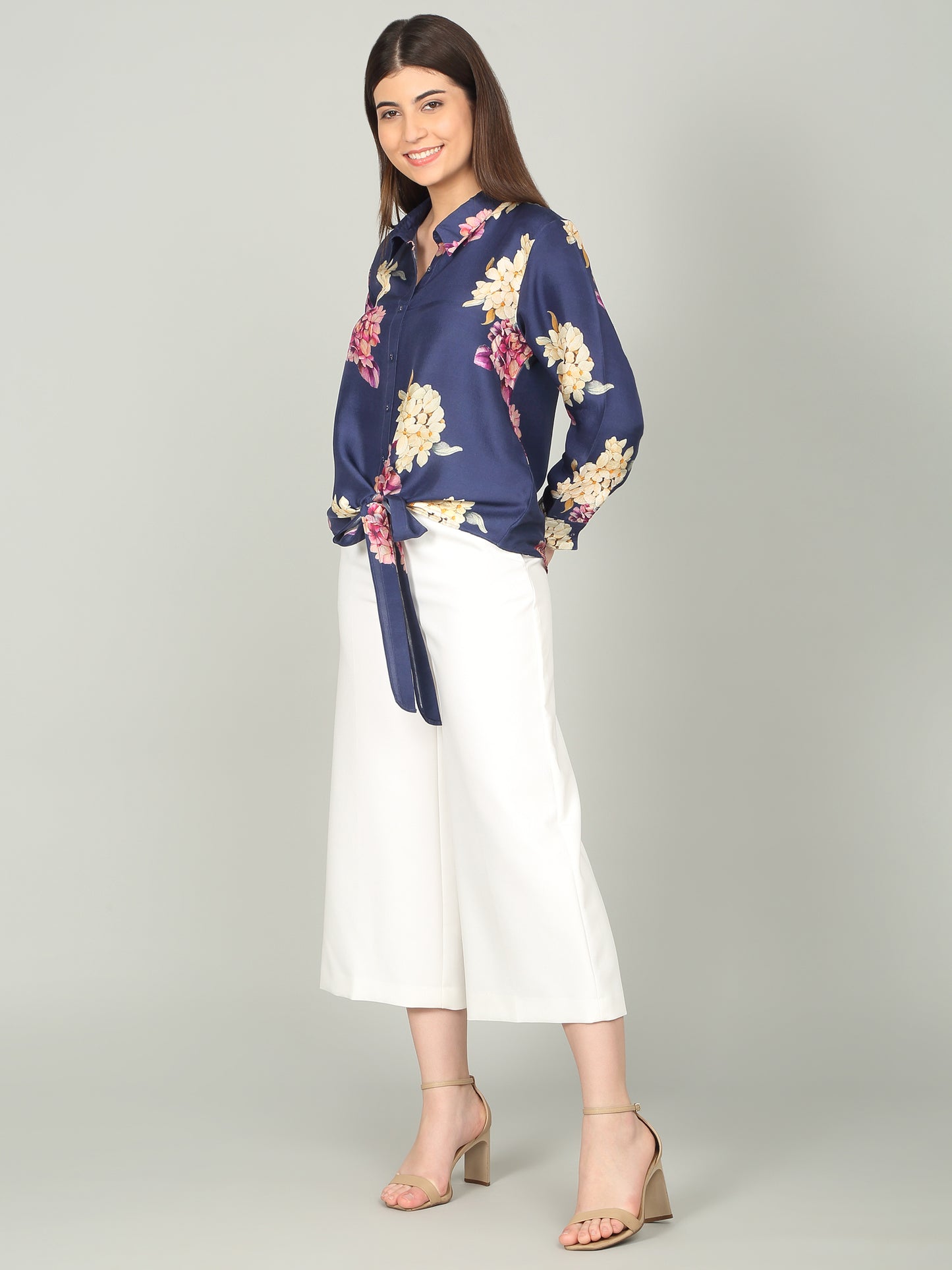 MIDNIGHT BLOOM - Pure Dupion Knotted Shirt