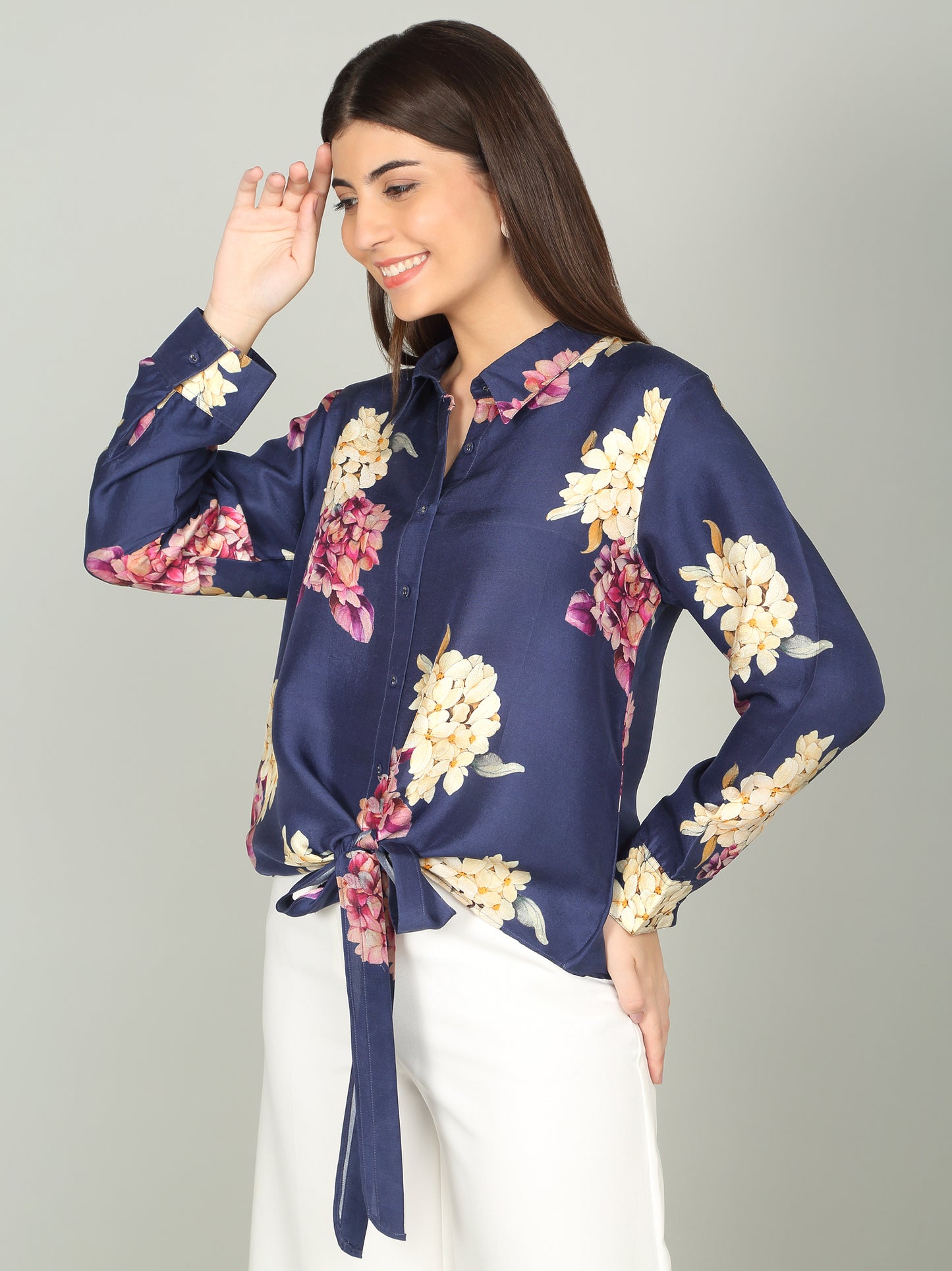 MIDNIGHT BLOOM - Pure Dupion Knotted Shirt