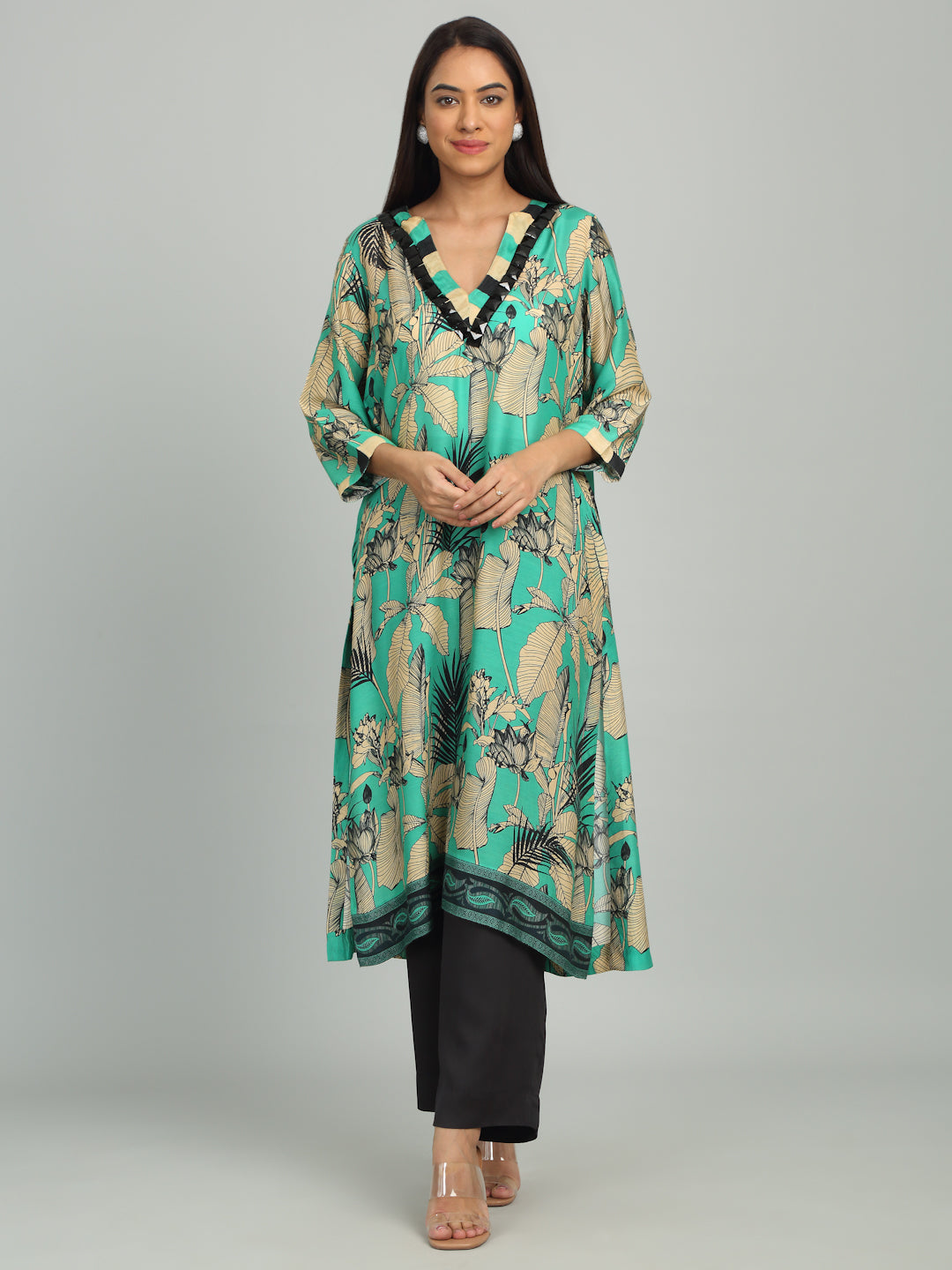 JADE  - Beaded Green Print Kurta Set