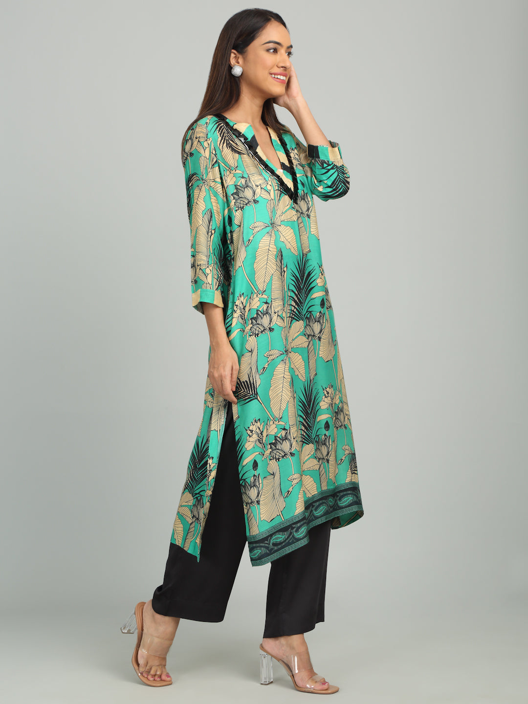 JADE  - Beaded Green Print Kurta Set