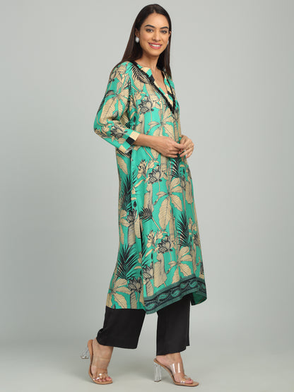 JADE  - Beaded Green Print Kurta Set