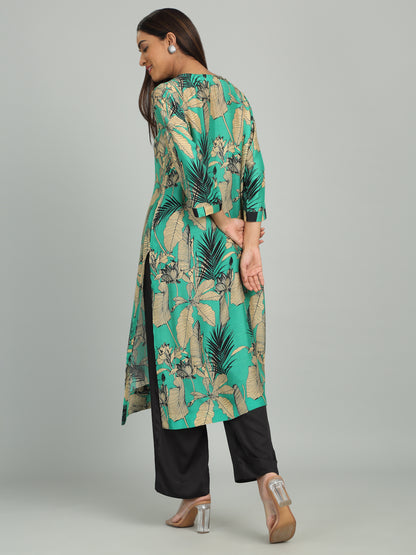 JADE  - Beaded Green Print Kurta Set