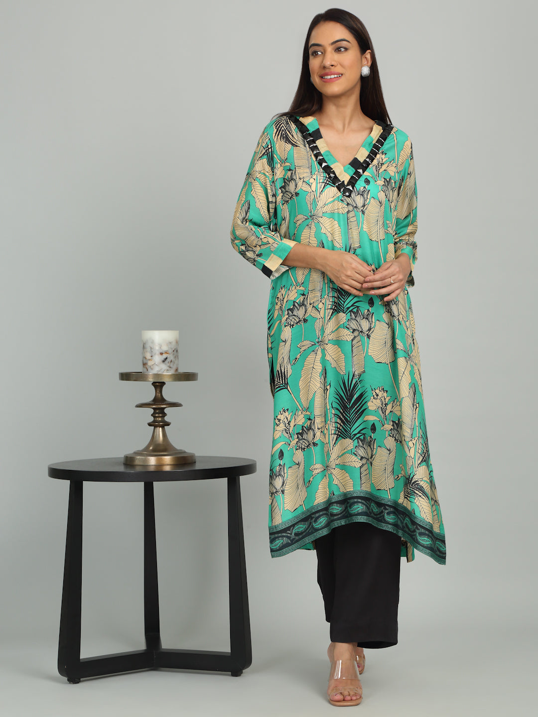 JADE  - Beaded Green Print Kurta Set