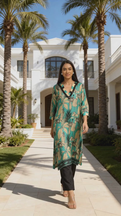JADE  - Beaded Green Print Kurta Set