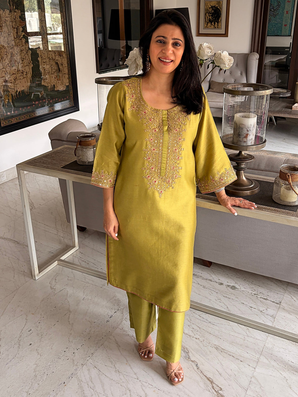 Zaitoon olive embroidered kurta set with pants and contrast pink dupatta