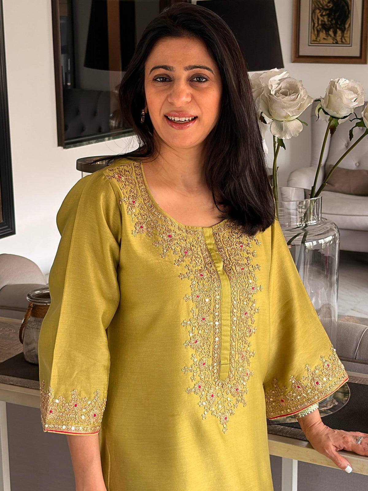 Zaitoon olive embroidered kurta set with pants and contrast pink dupatta
