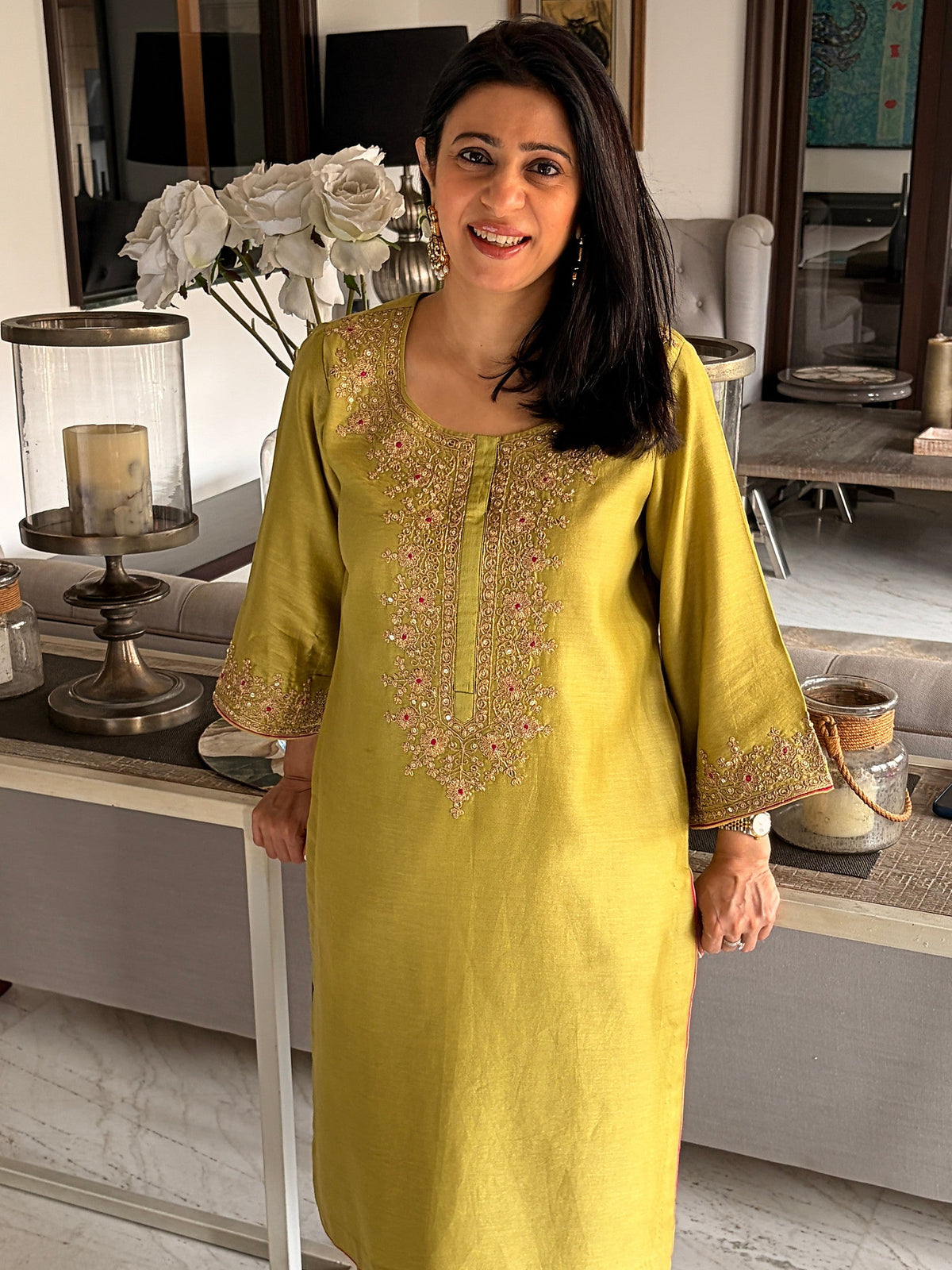 Zaitoon olive embroidered kurta set with pants and contrast pink dupatta